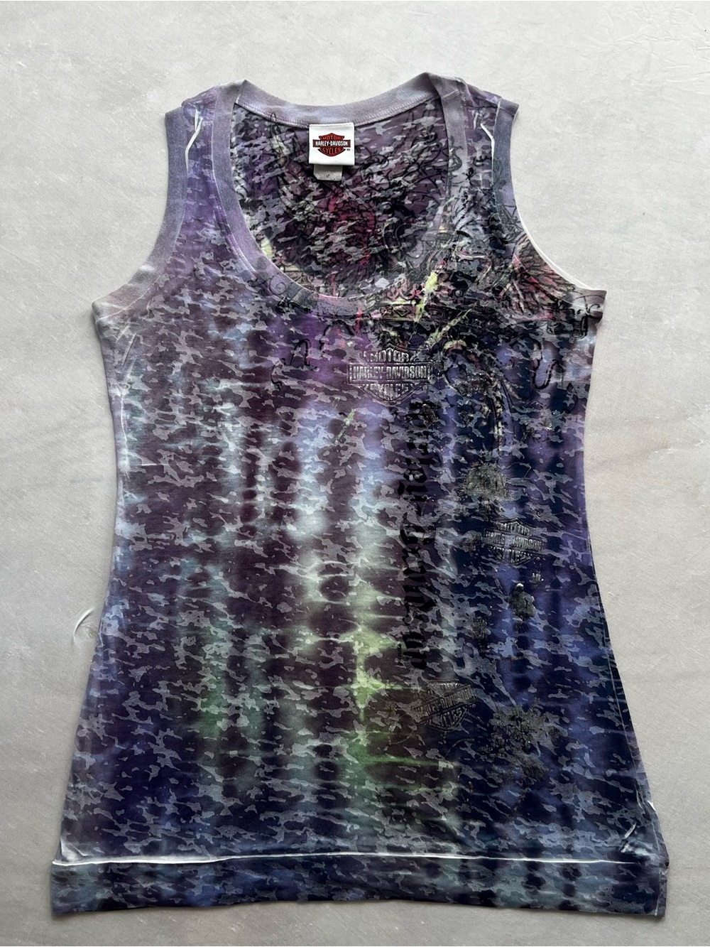 ⁠Harley Davidson Tank Top Women M Purple Tie Dye Burnout Y2K Grunge Wisconsin⁠